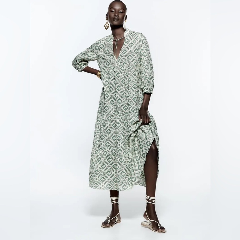 Zara Cotton Printed Green Maxi Dress with Tie Neck Detail Size Medium